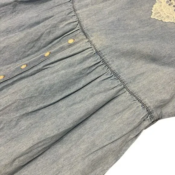 Vintage Studio Ease XL Blue Denim Chambray Lace Neckline Belt Maxi Dress - Picture 7 of 16